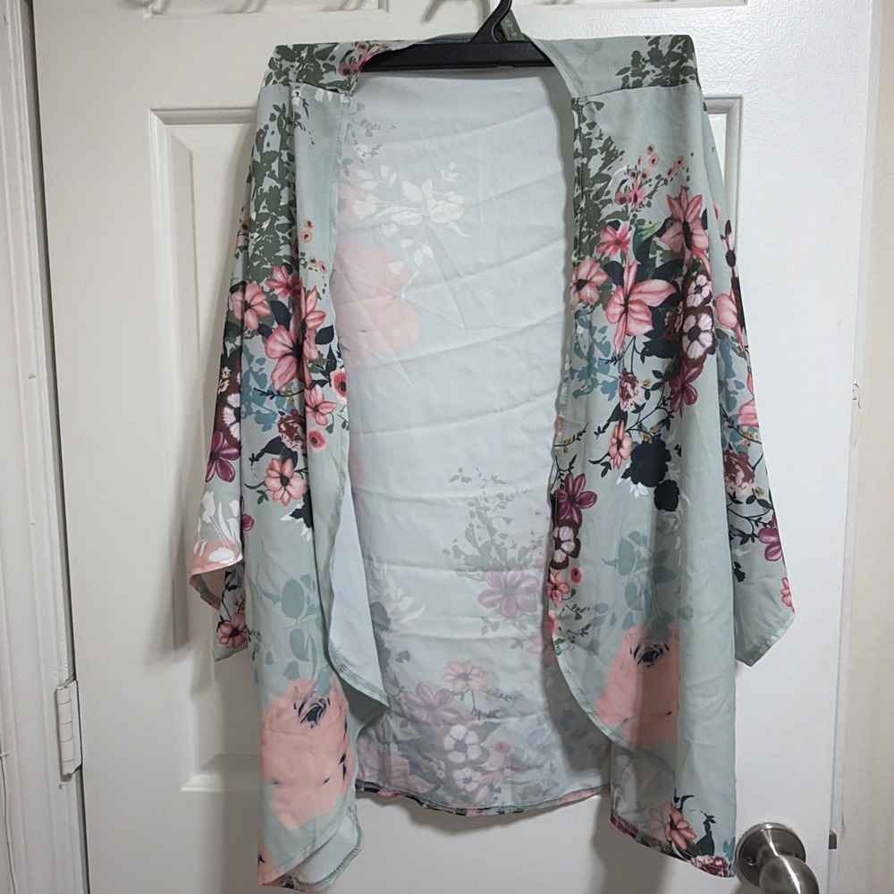 Womens Floral Sheer Kimono One Size Cardigan Cafcan Gray Flowy Open Front Duster